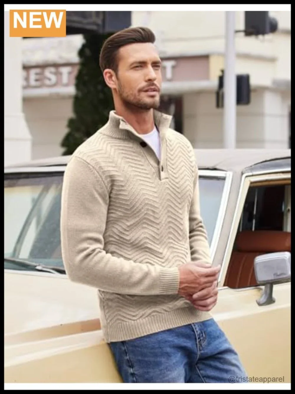 Men Cable Knit Henley Mock Neck Sweater Pullover Quarter Button